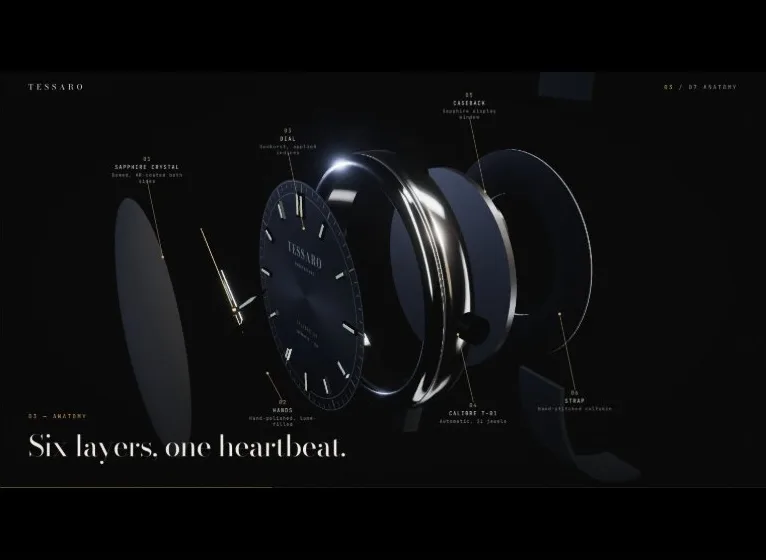 Claude Code's chapter 3: the watch pulled apart into crystal, hands, dial, case, movement and caseback, each with a gold leader line and label