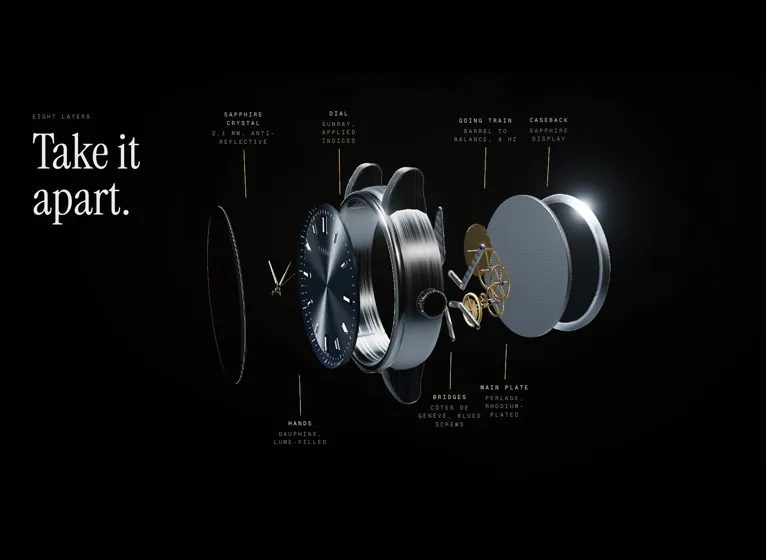 The built-out site's chapter 3: the watch taken apart into eight labelled layers, from the sapphire crystal through the gold going train to the caseback