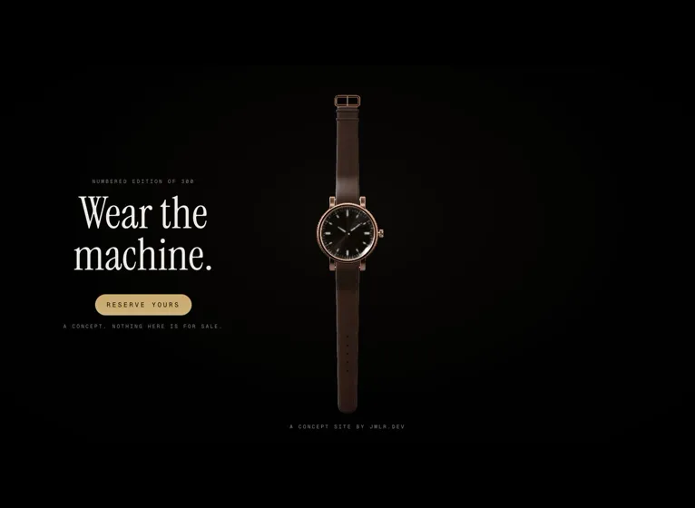 The built-out site's last chapter: the watch on a brown leather strap beside “Wear the machine.” and a “Reserve yours” button