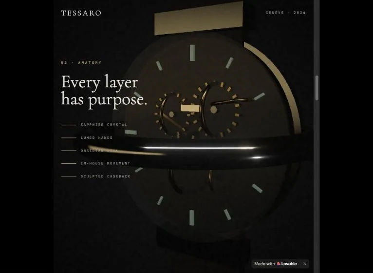 Lovable's chapter 3: the watch face whole, a black ring cutting across it, and a plain list of part names beside it