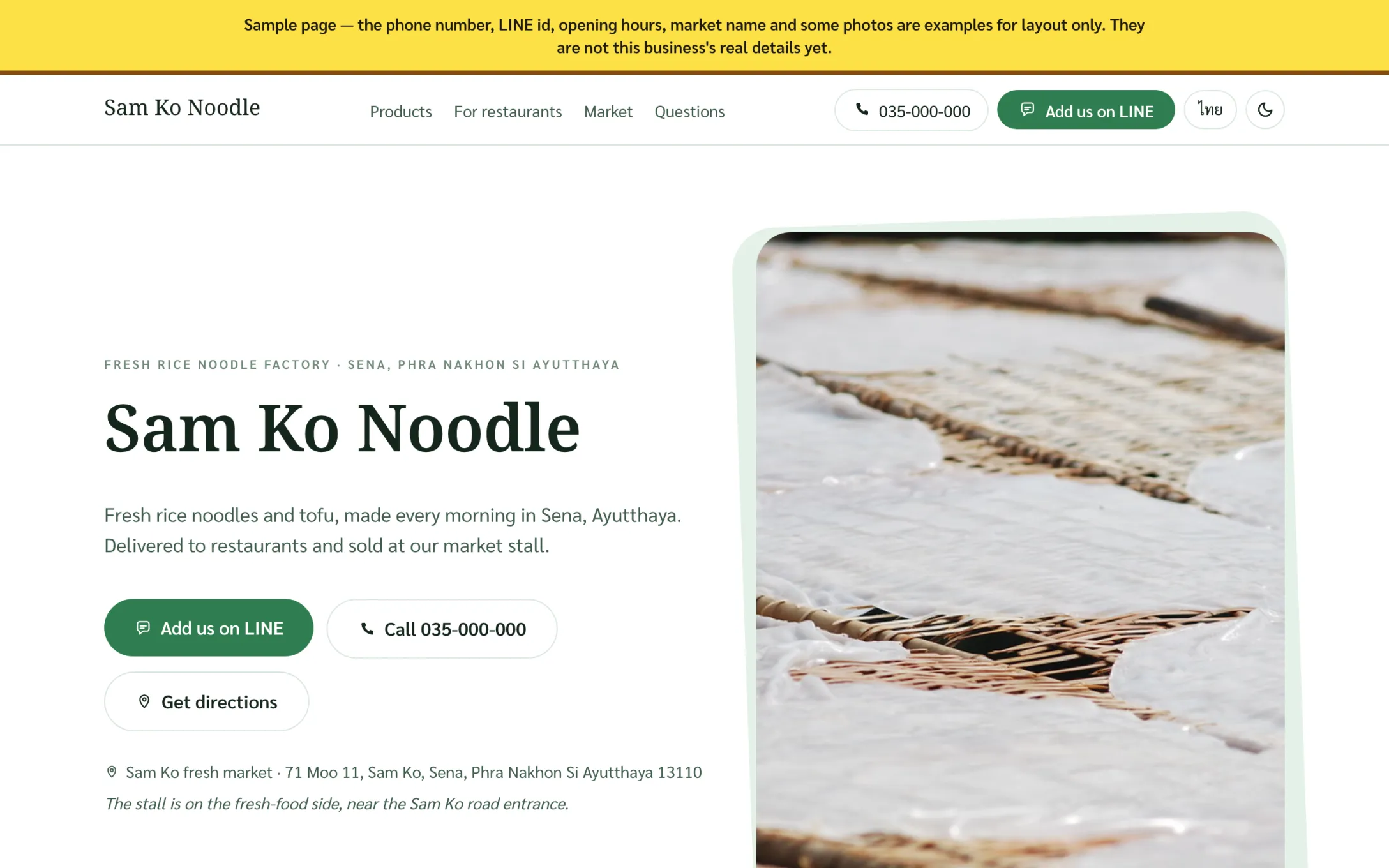The English side of the Sam Ko Noodle website, with the Thai version a tap away in the header and a yellow banner marking the contact details as sample content