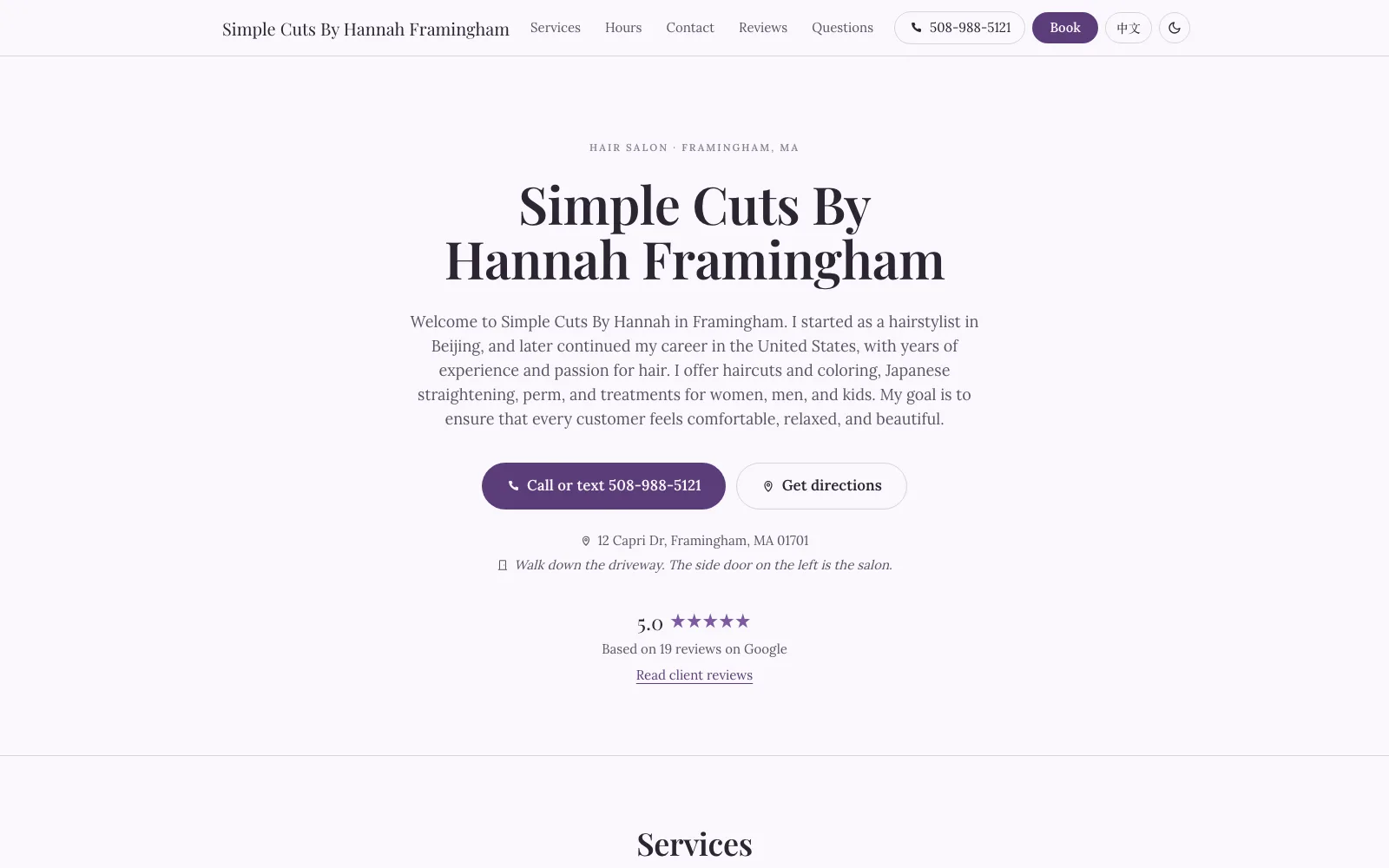 Home page of the Simple Cuts By Hannah salon website