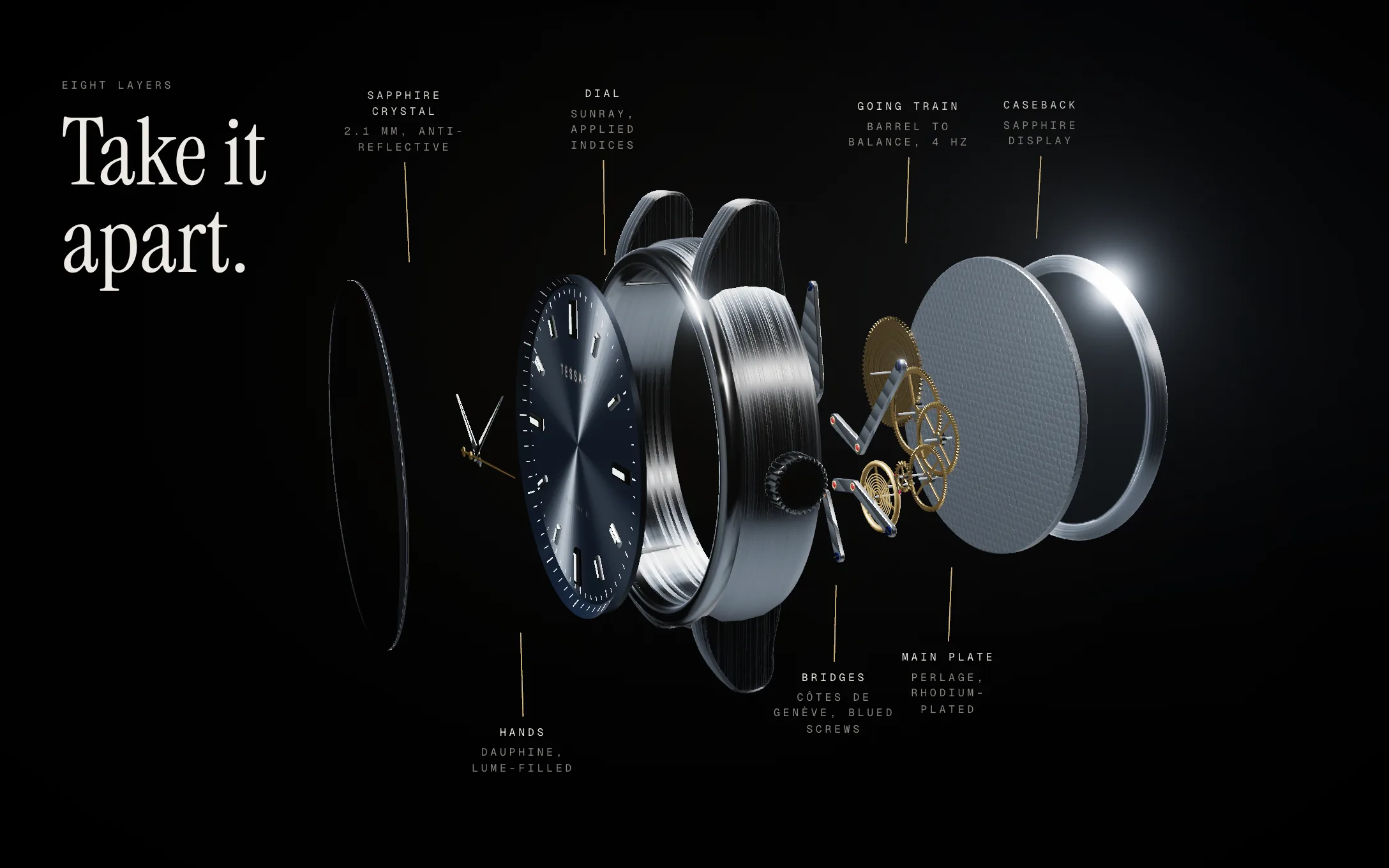 The TESSARO page mid-scroll: a watch pulled apart into crystal, hands, dial, case, movement and caseback, each with a gold leader line and label